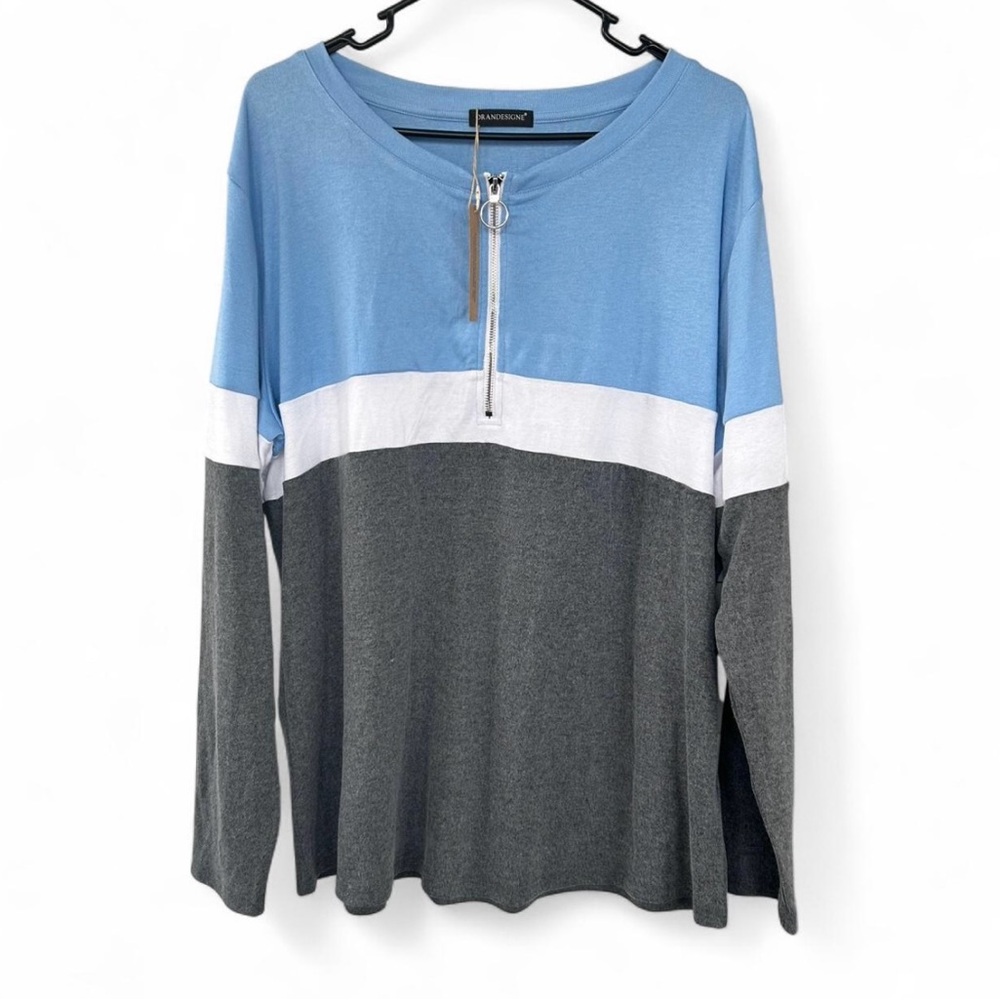 Women's Long Sleeve Color Block Top - Blue, White, Gray